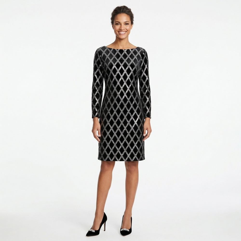 JH Evenings Black Silver Sparkle Velvet Sheath‎ Cocktail Dress Long Sleeve Sz 6